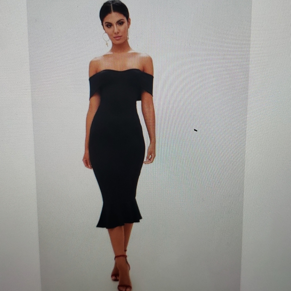 Black bardot frill hem midi dress